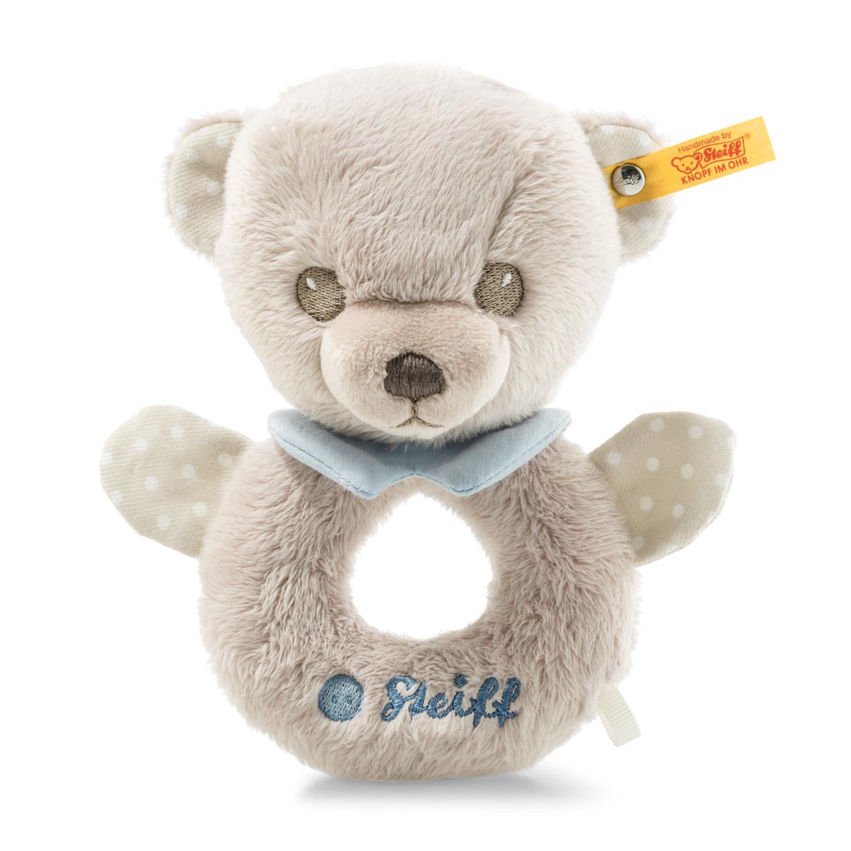 Steiff Hello Baby Levi Teddy Bear Grip Ring with Rattle in a Gift Box, Multi-Colour
