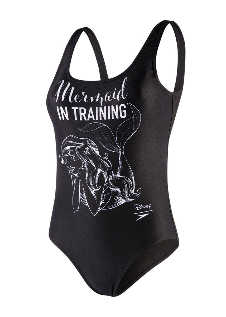 Speedo Girl's Little Mermaid Slogan U Back Swimsuit- Black/ White