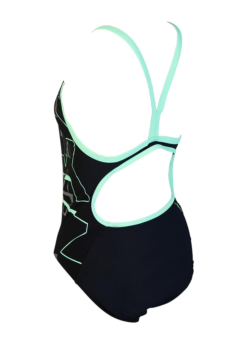 Adidas Girls Tech Range Motion Graphic Swimsuit - Black / Green Glow