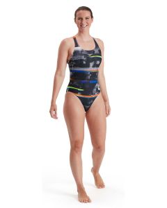 Speedo Women's Placement Digital Powerback Swimsuit - Black/ Salso/ White/ Blue