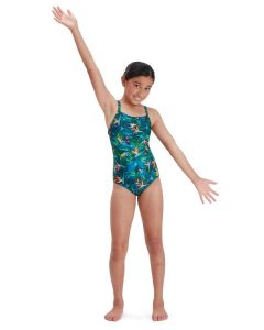 Speedo Girl's Allover Thinstrap Muscleback Swimsuit - Black/ Petrol/ Salso/ Pink