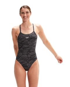 Speedo Allover Fixed Crossback Swimsuit - Black/ USA Charcoal