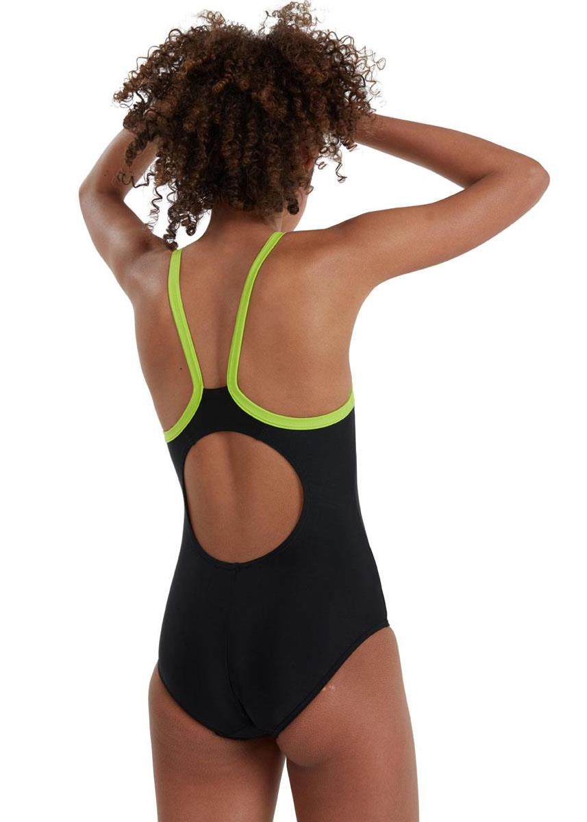 Speedo Girl's Boom Logo Thinstrap Muscleback Swimsuit - Black/ Lime/ Pink