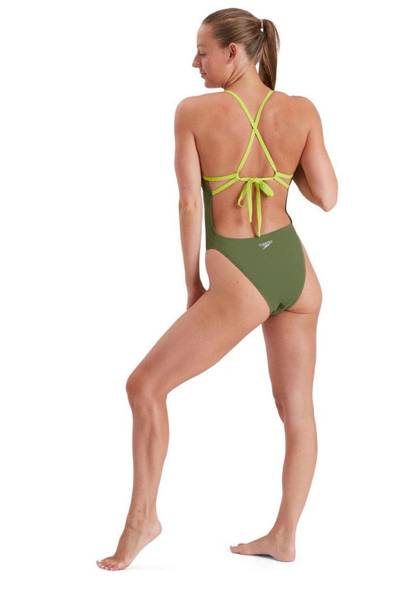 Speedo Solid Tie-Back Swimsuit - Olive/ Atomic Lime